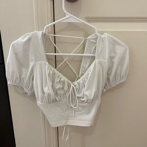 White Lace-Up Back Puff Sleeve Crop Top